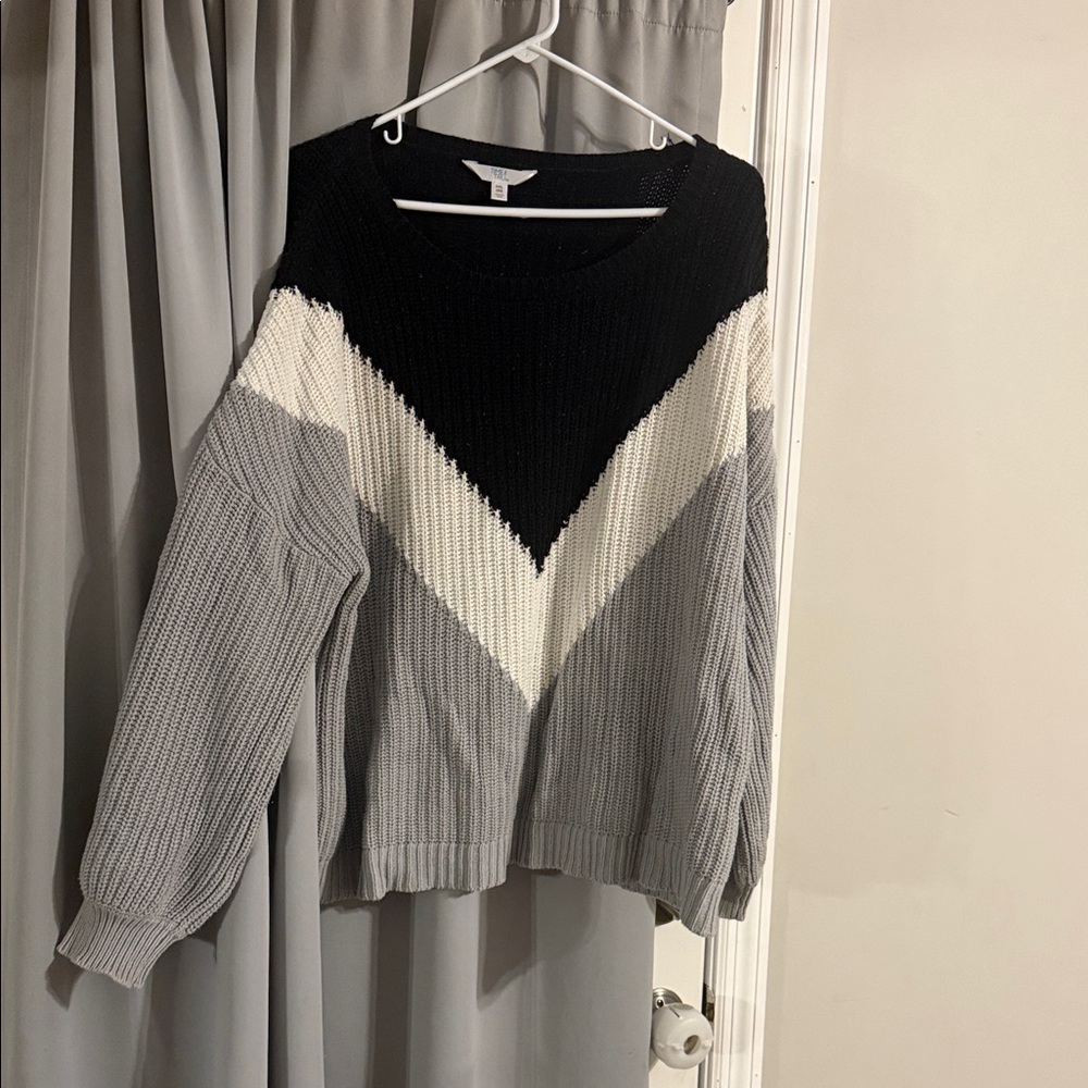 Time & Tru Chevron Colorblock Knit Sweater | Black White Gray | XXL